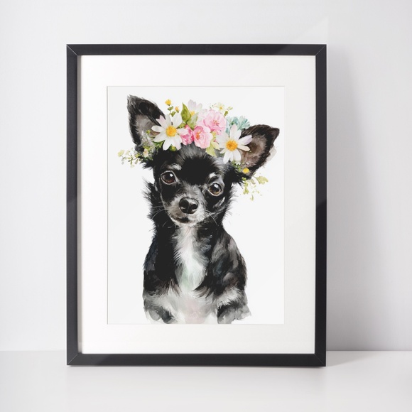 Watercolor Black Chihuahua with Flowers Portrait Wall Art Print Poster Unframed - Picture 3 of 6